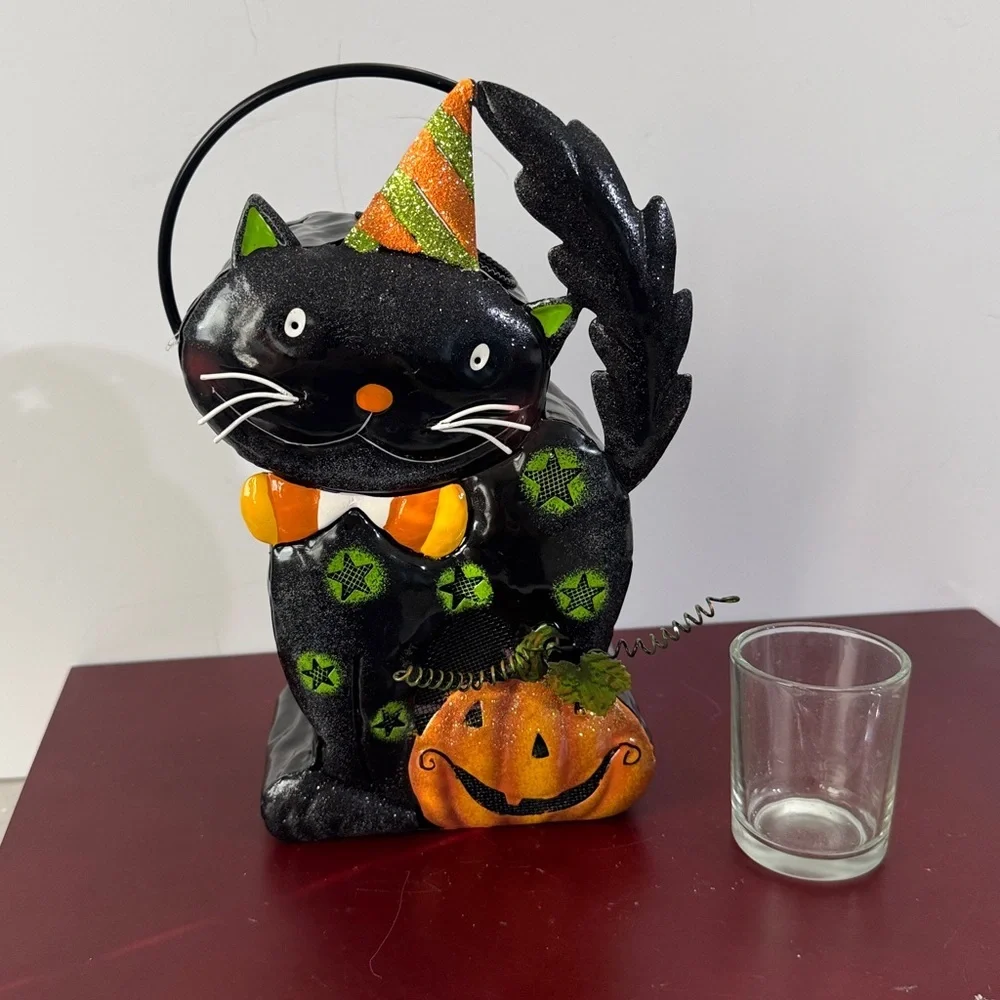 Vintage Home Interiors Metal HALLOWEEN BLACK CAT Candle Holder